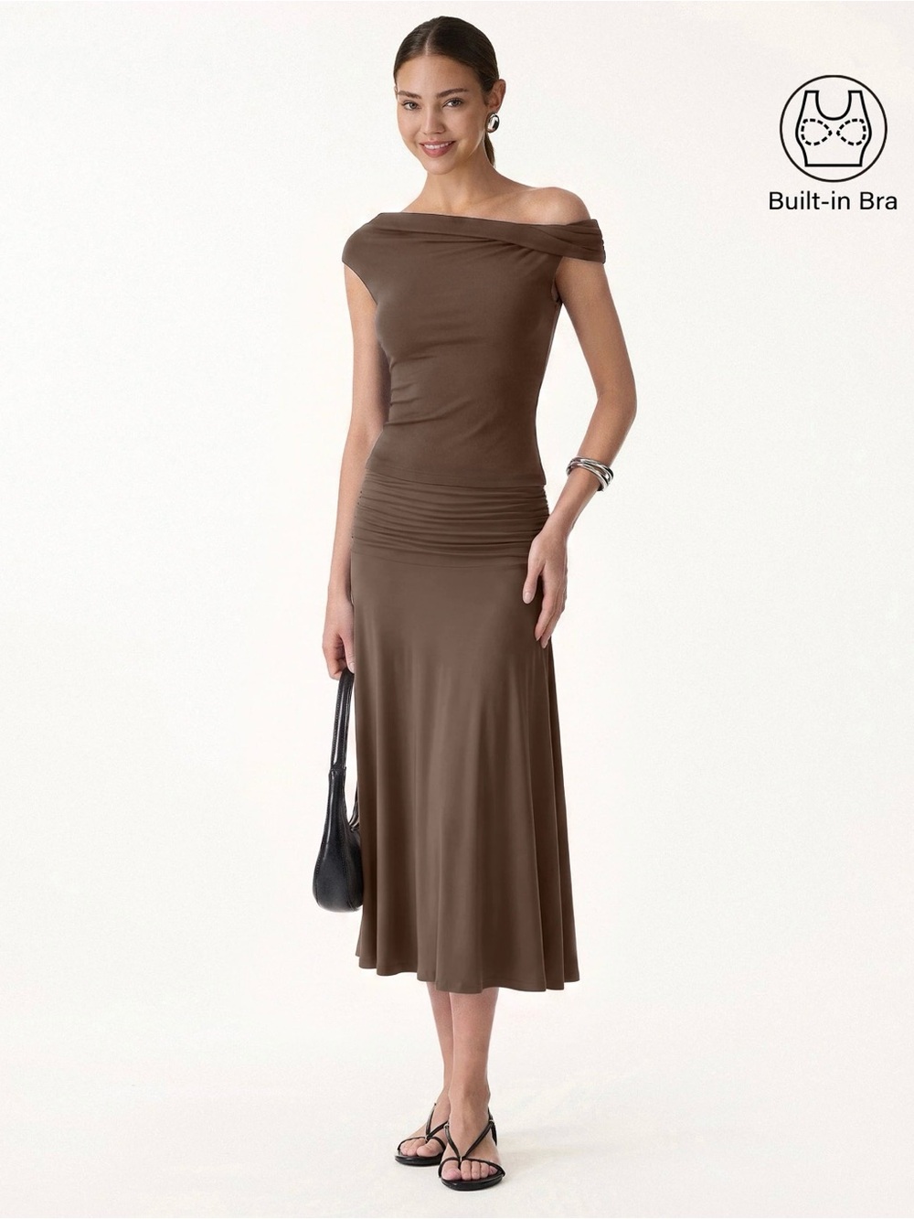 OGL Eco-SkinKiss 2pc Set Built-In Bra Top & Side Ruched A-line skirt brown XS